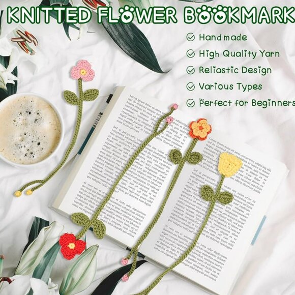 NEW 8 Flower Bookmarks Knitting Kit with Soft Yarn and Hook for Beginners - Picture 5 of 7